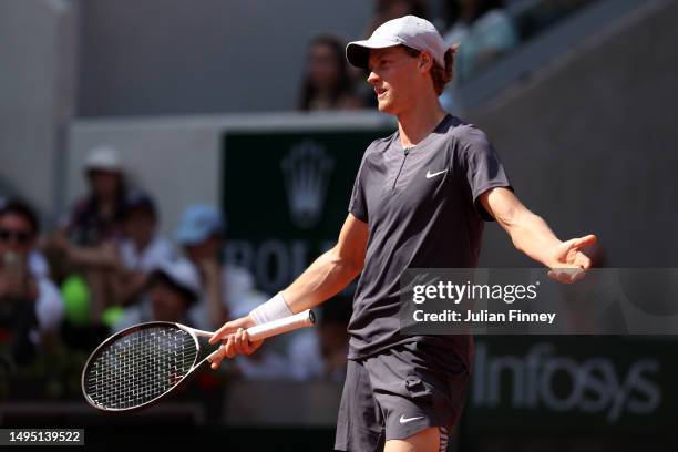 Jannik Sinner of Italy reacts against Daniel Altmaier of Germany during the Men's Singles Second Round match on Day Five of the 2023 French Open at...