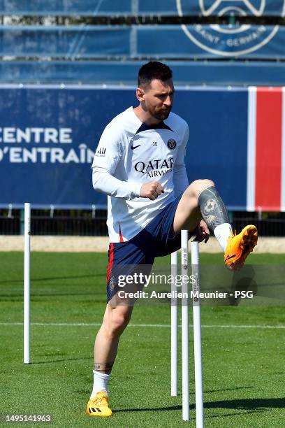 Leo Messi warms up during a Paris Saint-Germain training session at Ooredoo Center on June 01, 2023 in Paris, France.