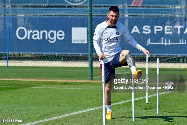 Leo Messi warms up during a Paris Saint-Germain training session at Ooredoo Center on June 01, 2023 in Paris, France.