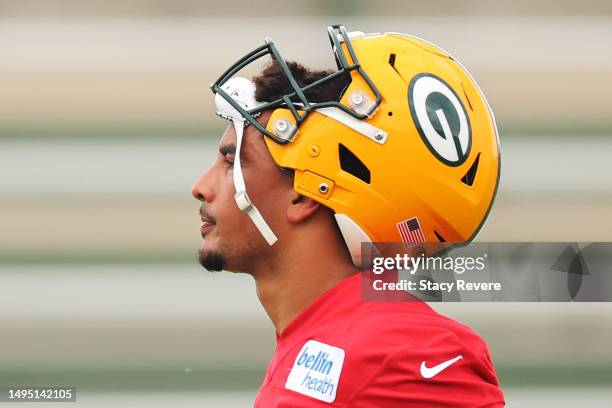 Jordan Love of the Green Bay Packers participates in an OTA practice session at Don Hutson Center on May 31, 2023 in Ashwaubenon, Wisconsin.