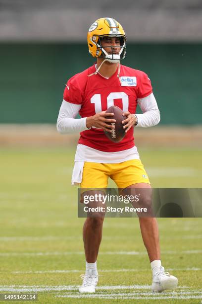 Jordan Love of the Green Bay Packers participates in an OTA practice session at Don Hutson Center on May 31, 2023 in Ashwaubenon, Wisconsin.