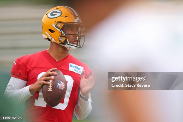 Jordan Love of the Green Bay Packers participates in an OTA practice session at Don Hutson Center on May 31, 2023 in Ashwaubenon, Wisconsin.