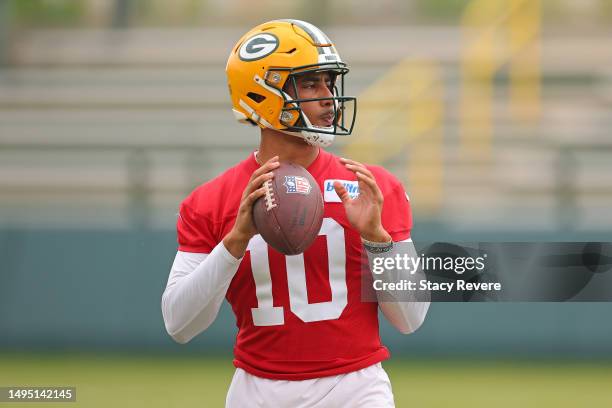 Jordan Love of the Green Bay Packers participates in an OTA practice session at Don Hutson Center on May 31, 2023 in Ashwaubenon, Wisconsin.