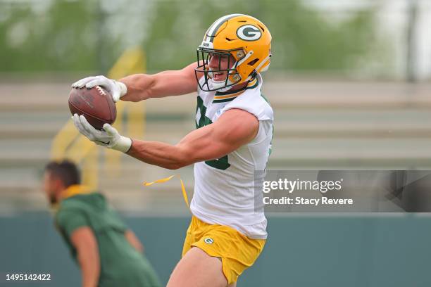 Luke Musgrave of the Green Bay Packers participates in an OTA practice session at Don Hutson Center on May 31, 2023 in Ashwaubenon, Wisconsin.