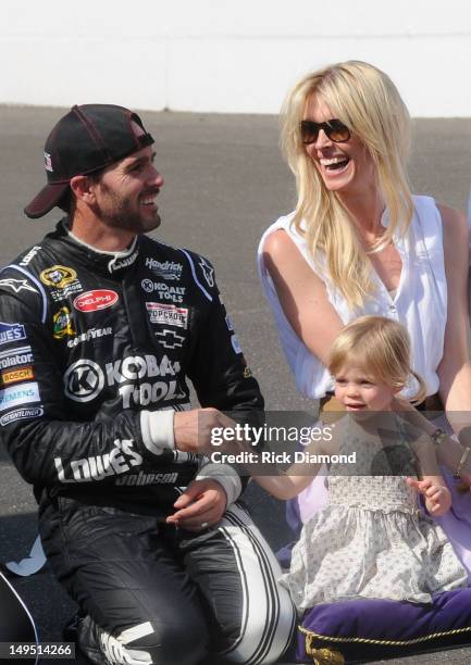 Brickyard 400 winner Jimmie Johnson, Daughter Genevieve Marie Johnson and Wife Chandra Johnson attend the Brickyard 400 presented by...