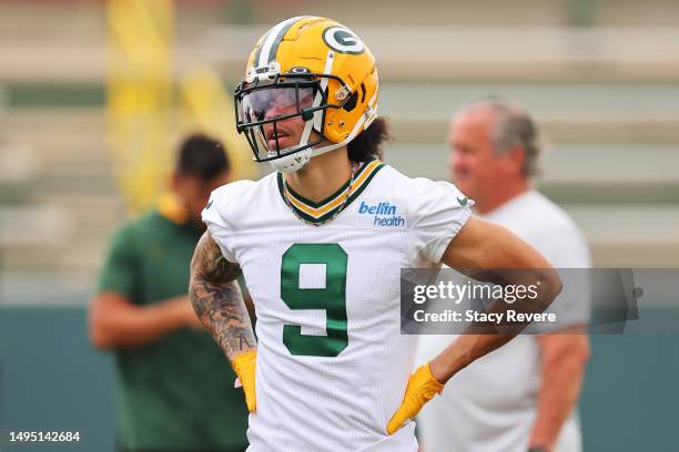 Christian Watson of the Green Bay Packers participates in an OTA practice session at Don Hutson Center on May 31, 2023 in Ashwaubenon, Wisconsin.