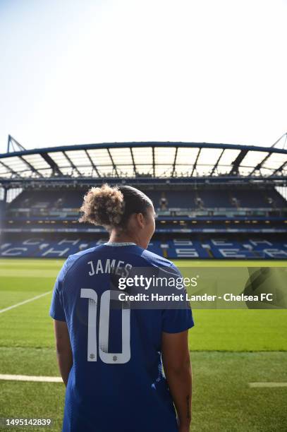 Lauren James of Chelsea poses for a photograph as she signs a new contracts with Chelsea FC Women at Stamford Bridge on June 01, 2023 in London,...