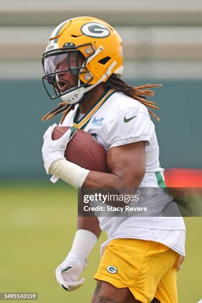 Aaron Jones of the Green Bay Packers participates in an OTA practice session at Don Hutson Center on May 31, 2023 in Ashwaubenon, Wisconsin.