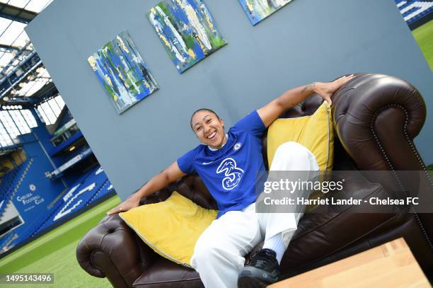 Lauren James of Chelsea poses for a photograph as she signs a new contracts with Chelsea FC Women at Stamford Bridge on June 01, 2023 in London,...