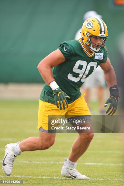 Lukas Van Ness of the Green Bay Packers participates in an OTA practice session at Don Hutson Center on May 31, 2023 in Ashwaubenon, Wisconsin.