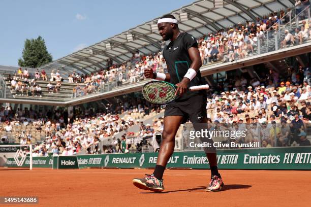 Frances Tiafoe of United States plays a backhand against Aslan Karatsev during the Men's Singles Second Round match on Day Five of the 2023 French...