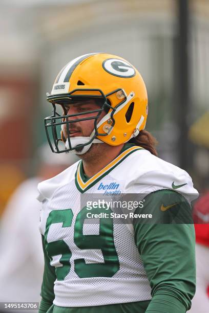 David Bakhtiari of the Green Bay Packers participates in an OTA practice session at Don Hutson Center on May 31, 2023 in Ashwaubenon, Wisconsin.