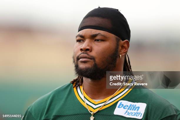 Rashan Gary of the Green Bay Packers participates in an OTA practice session at Don Hutson Center on May 31, 2023 in Ashwaubenon, Wisconsin.