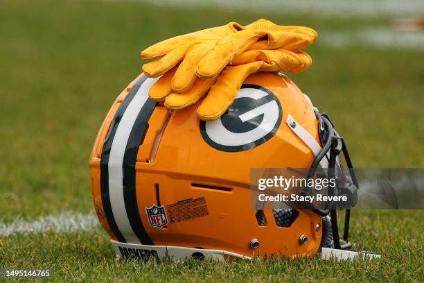 Detailed view of a Green Bay Packers helmet during an OTA practice session at Don Hutson Center on May 31, 2023 in Ashwaubenon, Wisconsin.