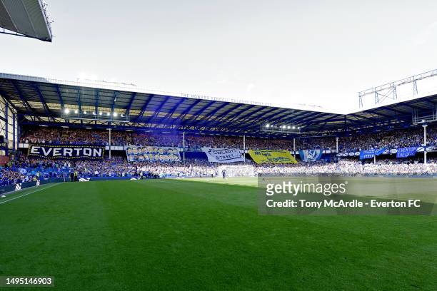 General view of fans flags and banners at Goodison Park before the Premier League match between Everton FC and AFC Bournemouth at Goodison Park on...