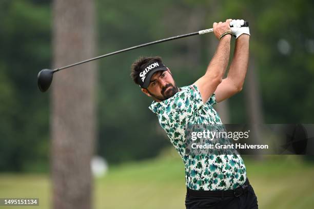 Brett Drewitt tees off on the 5th hole during the first round of the UNC Health Championship presented by STITCH at Raleigh Country Club on June 01,...