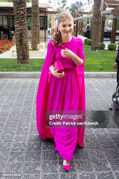 Princess Elisabeth of Belgium leaves her hotel for the wedding of Crown Prince Al Hussein Bin Abdullah of Jordan on June 1, 2023 in Amman, Jordan.