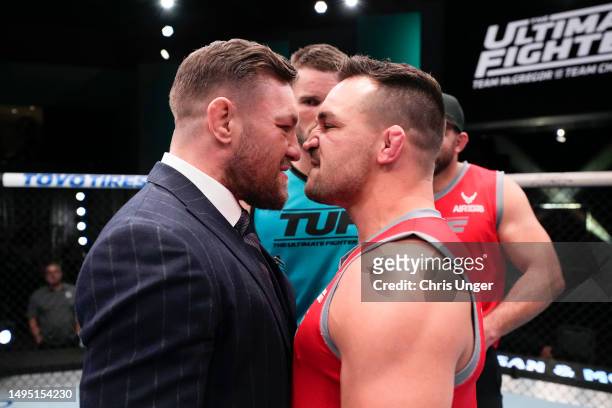 Conor McGregor and Michael Chandler face off during the filming of The Ultimate Fighter at UFC APEX on March 3, 2023 in Las Vegas, Nevada.