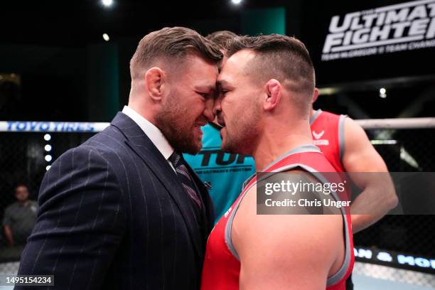 Conor McGregor and Michael Chandler face off during the filming of The Ultimate Fighter at UFC APEX on March 3, 2023 in Las Vegas, Nevada.