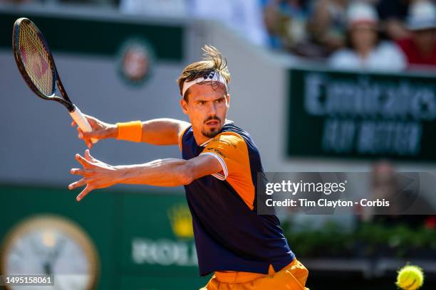 Daniel Altmaier of Germany in action against Jannik Sinner of Italy in the second round of the singles competition on Court Suzanne Lenglen during...