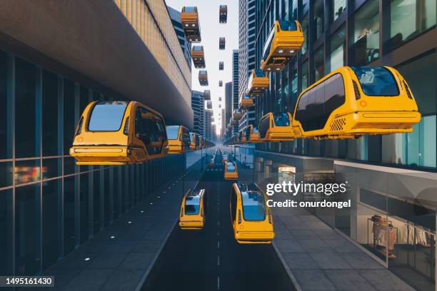 futuristic city with flying yellow taxis through buildings - taxi stock pictures, royalty-free photos & images