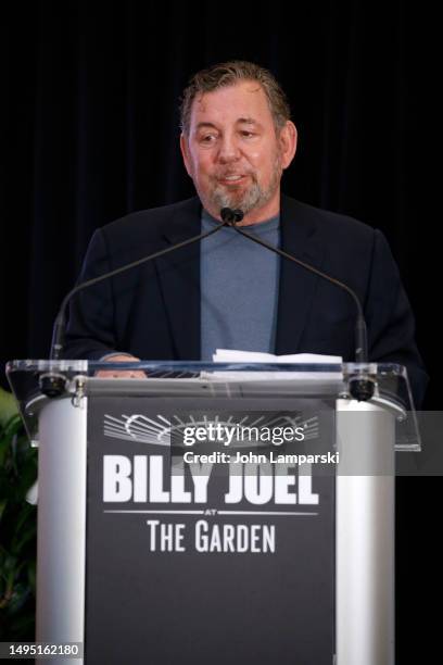 James Dolan speaks as MSG Entertainment and Billy Joel make a special franchise announcement at Chase Square at Madison Square Garden on June 01,...