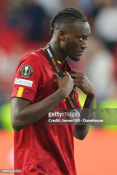Tammy Abraham of Roma recieves a runners up medal during the UEFA Europa League 2022/23 final match between Sevilla FC and AS Roma at Puskas Arena on...