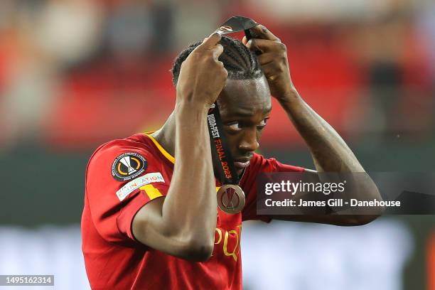 Tammy Abraham of Roma recieves a runners up medal during the UEFA Europa League 2022/23 final match between Sevilla FC and AS Roma at Puskas Arena on...