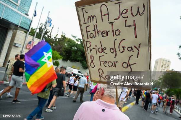 People participate in the 21st annual LGBTQ Jerusalem March for Pride and Tolerance on June 01, 2023 in Jerusalem, Israel. The annual event is...