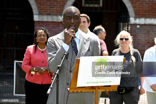 Yusef Salaam speaks as Stonyfield Organic Announces the Transition of Eight NYC Parks to Organic Maintenance by 2025 as Part of the StonyFIELDS...