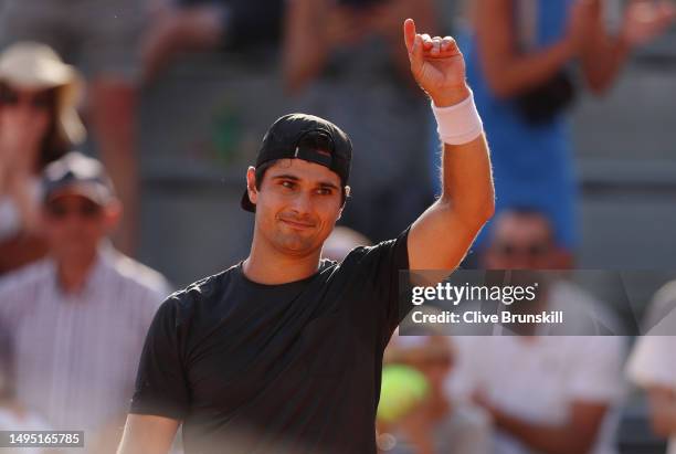 Marcos Giron of United States celebrates winning match point against Jiri Lehecka of Czech Republic during the Men's Singles Second Round match on...