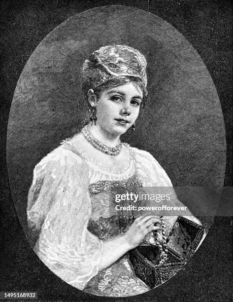 portrait of a young woman holding a jewelry box, painting by konstantin makovsky - 19th century - antique jewelry box stock illustrations