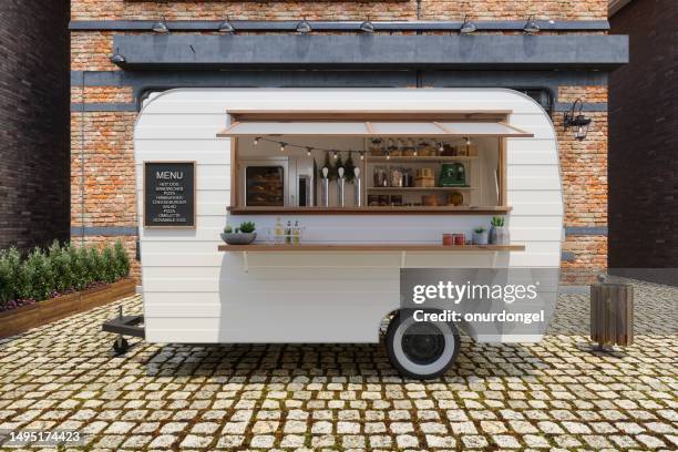 food truck van with open window and takeaway food and drinks - booth stockfoto's en -beelden