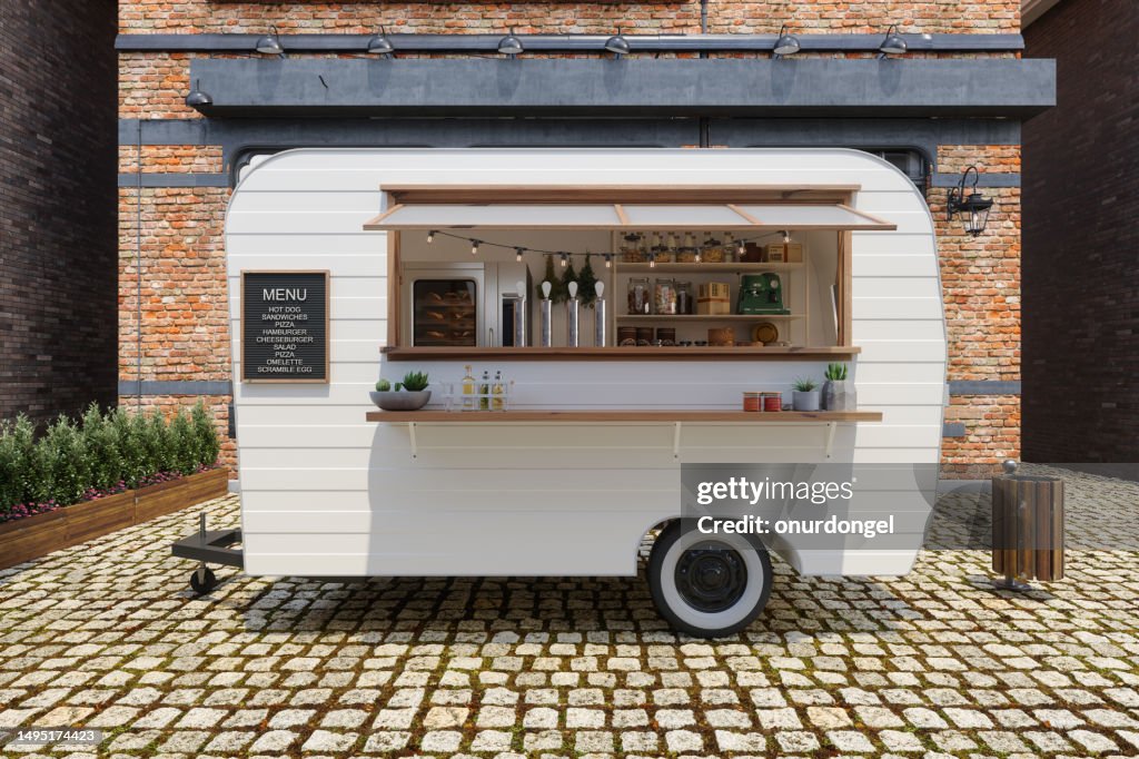Food Truck Van With Open Window And Takeaway Food And Drinks