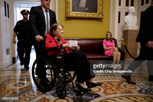 Sen. Dianne Feinstein is shuttled to the Senate chamber for a vote at the U.S. Capitol on June 01, 2023 in Washington, DC. The Senate has taken up...