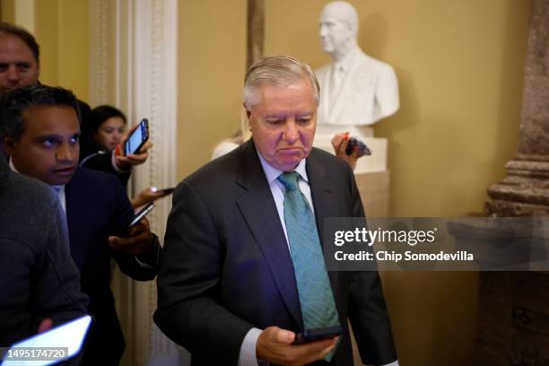 Sen. Lindsey Graham talks with reporters in between votes at the U.S. Capitol on June 01, 2023 in Washington, DC. The Senate has taken up legislation...