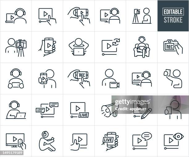 オンラインビデオ録画、編集、細い線アイコンの共有-編集可能なストローク - マルチメディア点のイラスト素材／クリップアート素材／マンガ素材／アイコン素材