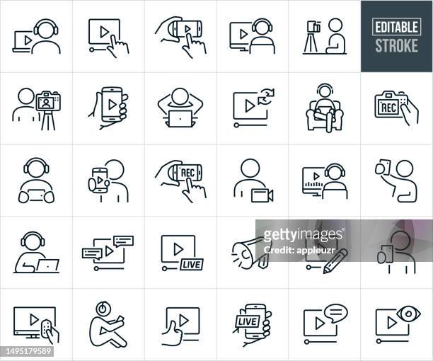 stockillustraties, clipart, cartoons en iconen met online video recording, editing and sharing thin line icons - editable stroke - looking at camera
