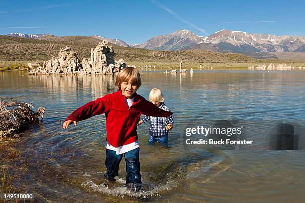 boys enjoying in lake - mono lake stock pictures, royalty-free photos & images