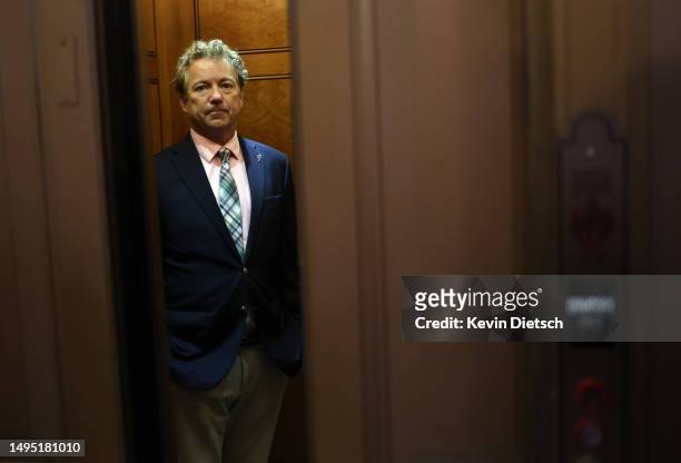 Sen. Rand Paul boards an elevator following a Senate Republican caucus meeting at the U.S. Capitol on June 1, 2023 in Washington, DC. The Senate is...