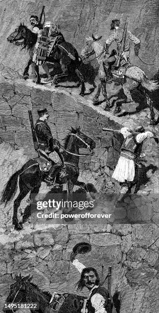 people ascending the ladder of kotor in montenegro - 19th century - mountain road stock illustrations
