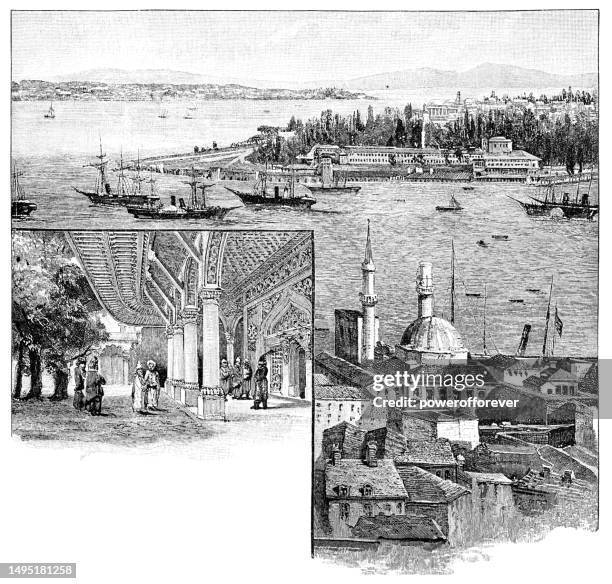 sarayburnu and imperial council gate at topkapi palace in istanbul, turkey - ottoman empire 18th century - sultanahmet district stock illustrations
