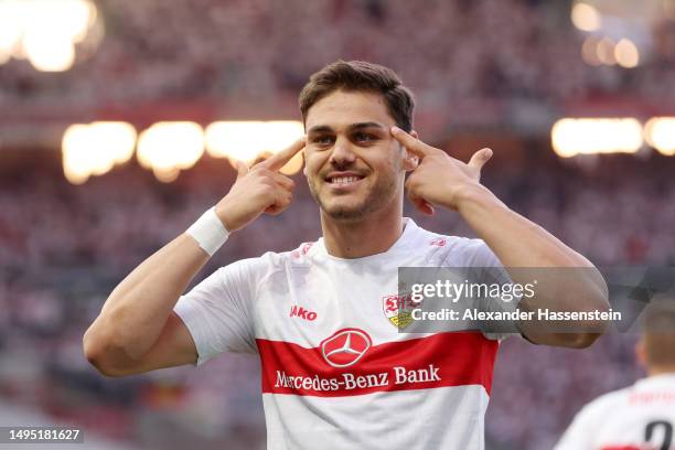 Konstantinos Mavropanos of VfB Stuttgart celebrates after scoring the team's first goal during the Bundesliga playoffs first leg match between VfB...