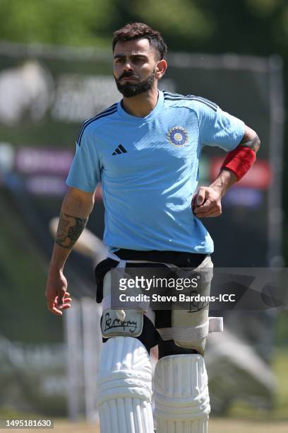 Virat Kohli of India prepares to bowl in the nets during India training prior to the ICC World Test Championship Final 2023 at Arundel Cricket Club...
