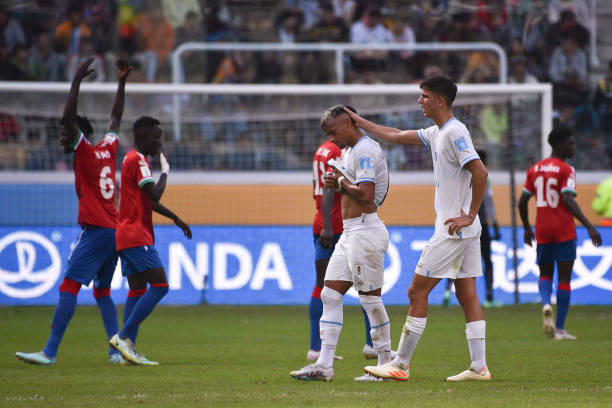 Luciano Rodriguez of Uruguay leaves the pitch after a red card during a FIFA U-20 World Cup Argentina 2023 Round of 16 match between Gambia and...