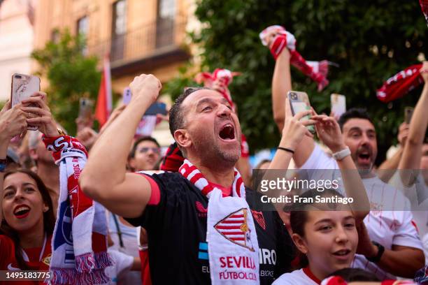 Fans of Sevilla FC celebrate after winning the UEFA Europa League Final on June 01, 2023 in Seville, Spain.