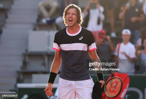 Nicolas Jarry of Chile celebrates winning match point against Tommy Paul of United States during the Men's Singles Second Round match on Day Five of...