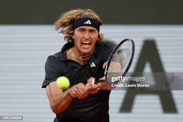Alexander Zverev of Germany plays a backhand against Alex Molcan of Slovakia during the Men's Singles Second Round match on Day Five of the 2023...