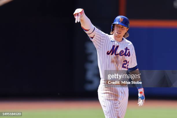Brett Baty of the New York Mets reacts after hitting a double in the sixth inning against the Philadelphia Phillies at Citi Field on June 01, 2023 in...