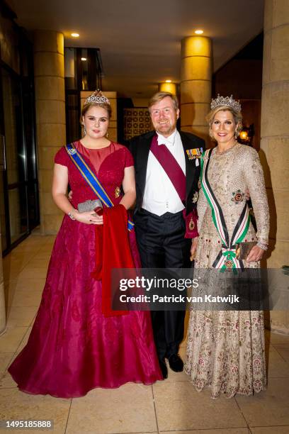 Princess Amalia of The Netherlands, King Willem-Alexander of The Netherlands, and Queen Maxima of The Netherlands leave their hotel for the wedding...